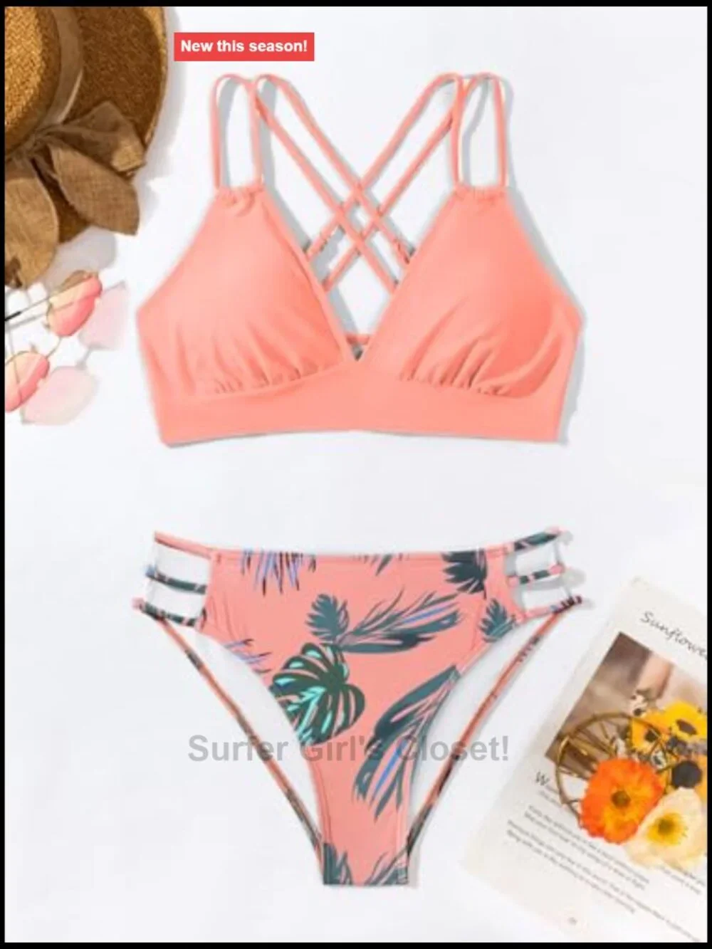 V Neck Bikini Sets Hollow Out Two Piece Cutout Mid Waist Bathing Suit